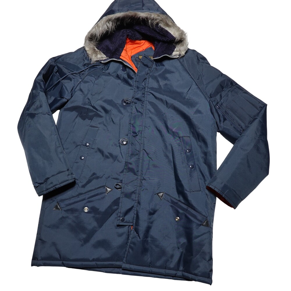Vintage NESCO Coat Mens Medium Blue Nylon Hooded Fur Trim Parka Hong Kong